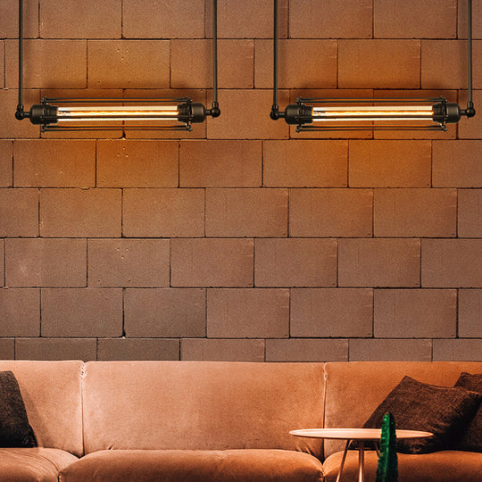 Retro Industrial Black Tube Cage Hanging Pendant Light With Iron Finish - Perfect For Dining Room