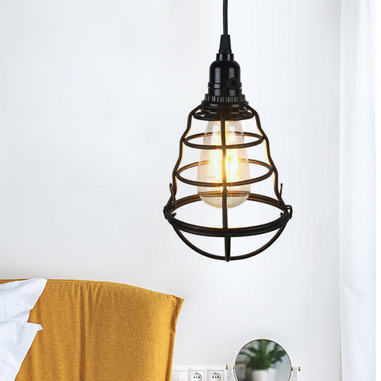 Retro Industrial 1-Head Hanging Lamp: Iron Wire Guard Black Finish