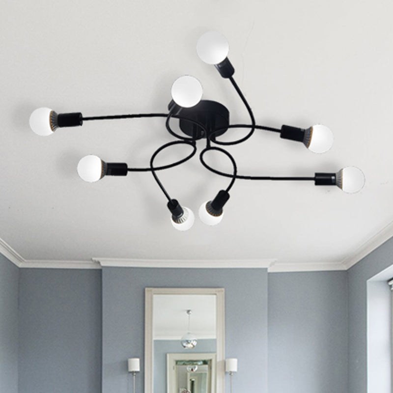 Vintage Style Twisted Arm 8-Light Semi Flush Mount Ceiling Light In Black/White For Living Room