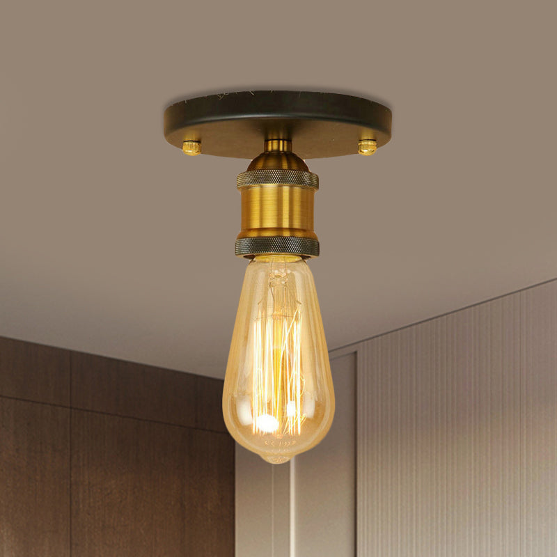 Retro Industrial Metal Black/Brass Finish Ceiling Lighting - Exposed Bulb Semi Flush Mount Light