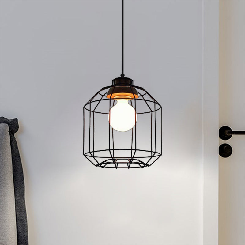 Retro Metal Pendant Light With Barrel/Cylinder Cage Shade - Bedroom Hanging Lamp In Black