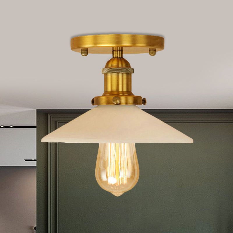 Vintage Style Metal Semi-Flush Mount Ceiling Light With Conical Shape - 1 Fixture In Bronze/Brass