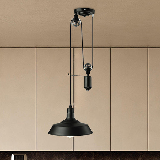 Farmhouse Pulley Pendant Light With Barn Shade - 1 Bulb Metallic Hanging Lamp In Black