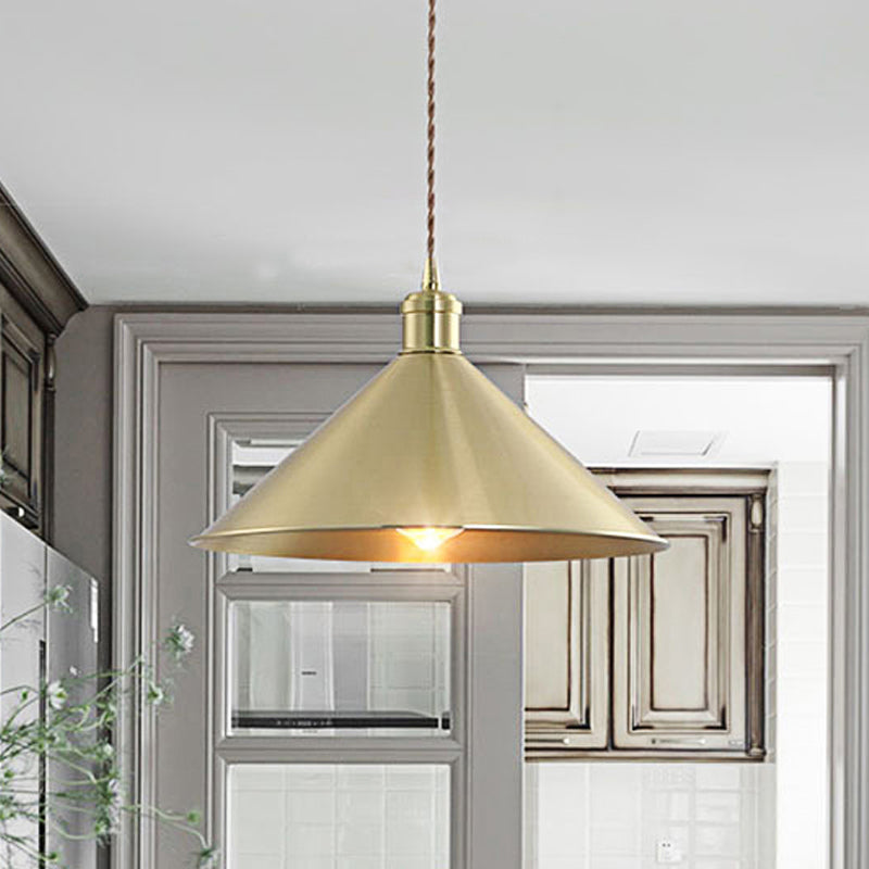 Industrial Cone Metal Hanging Light Fixture With Adjustable Brass Cord - 7’/9.5’ W Ideal For