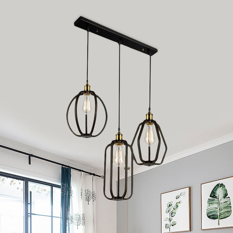 Black Cage Iron Pendant Lighting With Adjustable Cord For Living Room Ceiling