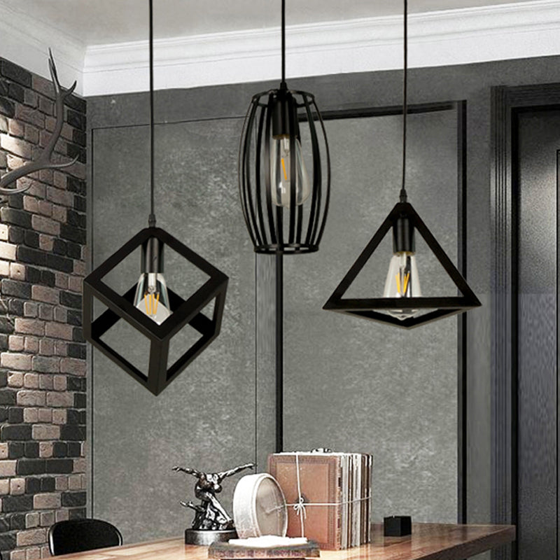 3-Head Pendant Lighting In Black Metal With Retro Stylish Cage Shades For Kitchen Round/Linear