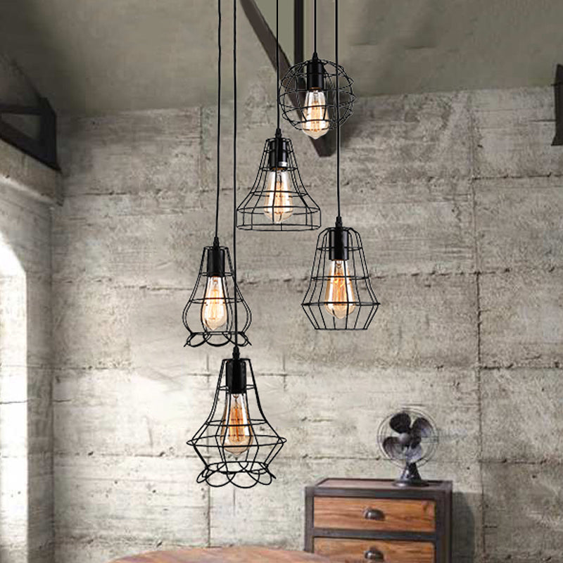 5-Head Vintage Caged Pendant Lighting With Unique Shades - Black Iron Ceiling Fixture For Table