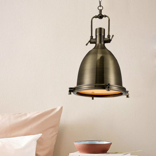 Nautical Brushed Brass Bell Pendant Light With Glass Diffuser - Dining Room Ceiling Fixture