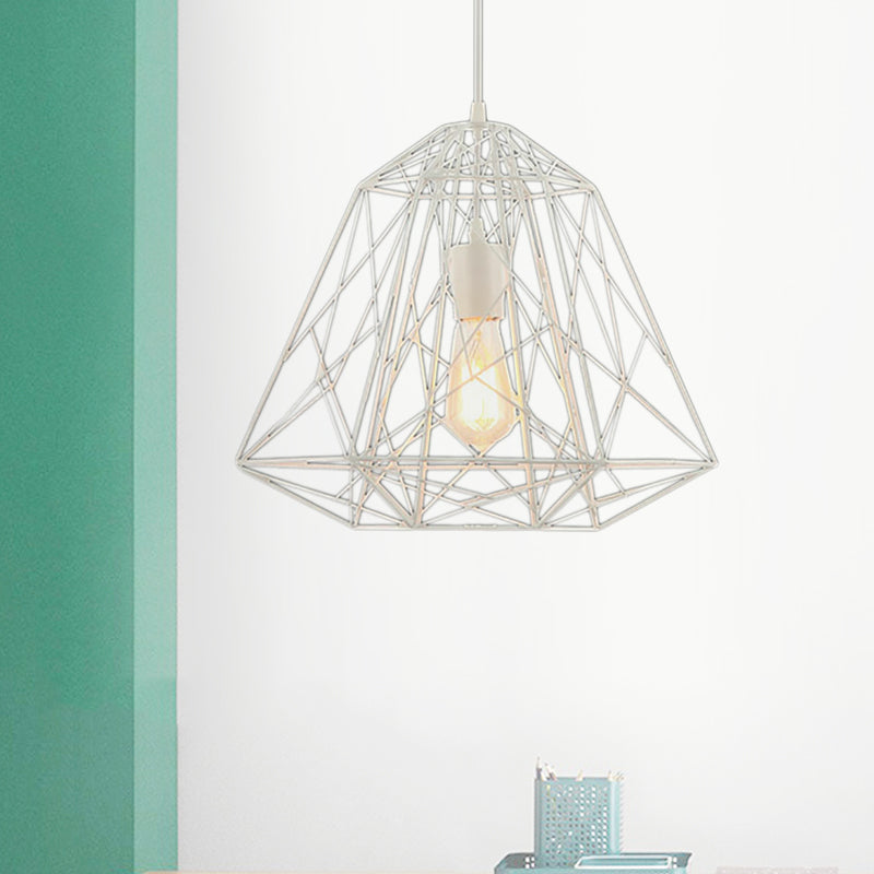 Retro Style Geometric Cage Ceiling Hanging Light With Metallic Suspension Lamp In Black/White