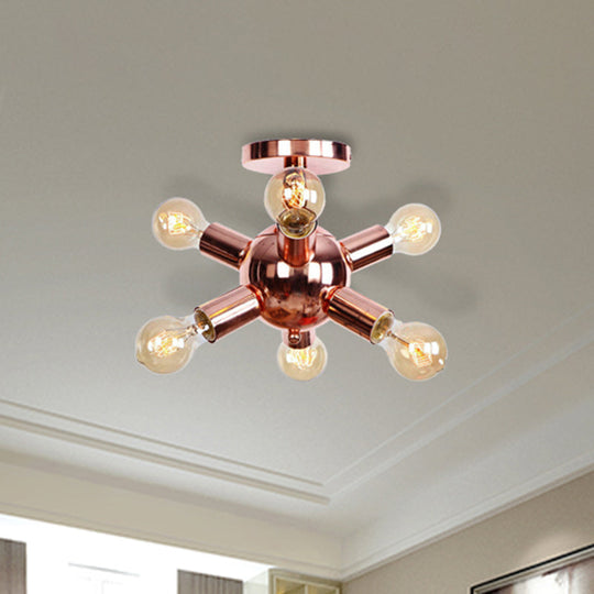 Vintage Copper Starburst Ceiling Light With Bare Bulb - Ideal For Restaurants (6/9 Heads)