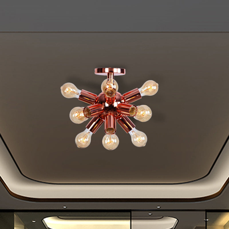 Vintage Copper Starburst Ceiling Light With Bare Bulb - Ideal For Restaurants (6/9 Heads) 9 /