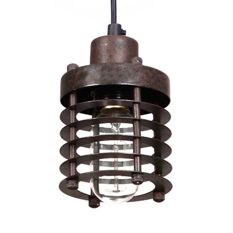 Industrial Pendant Light With Metallic Cage Shade - Matte Black/Rust Ideal For Table Lighting