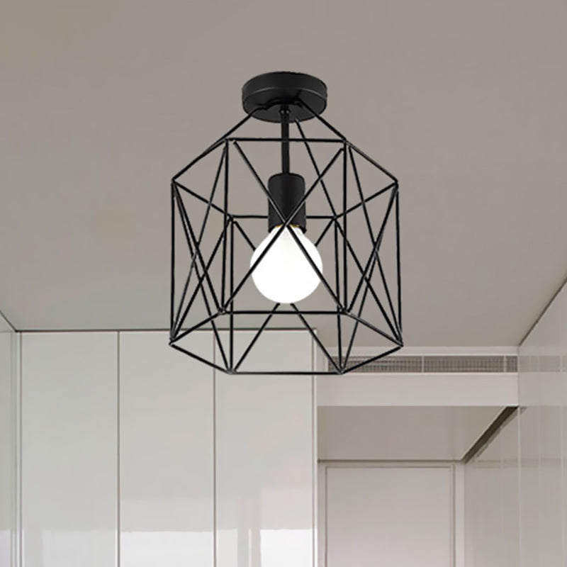 Geometric Cage Semi - Flush Ceiling Fixture - Industrial Black Metallic Finish Balcony Lighting