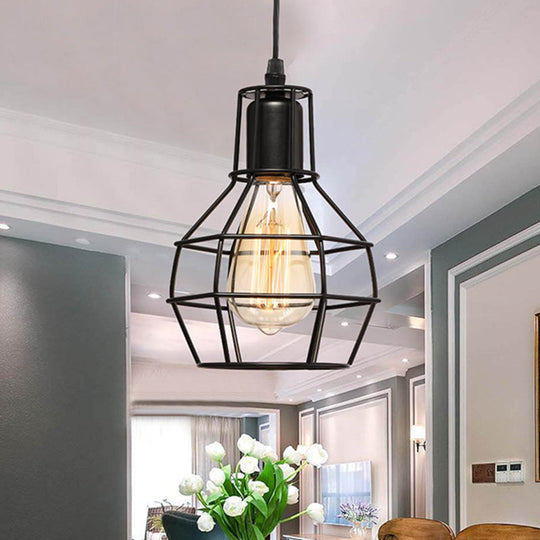Retro Loft Black Metal Hanging Ceiling Light With Globe Cage Shade - Plug-In Suspension