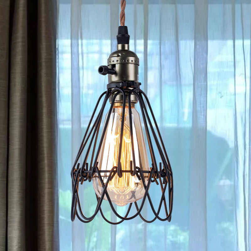 Industrial Black Metal Pendant Lighting With Open Cage Design - Rustic 1 Bulb Hanging Light For