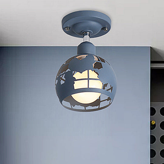 Modern Metal Semi - Flush Light With 1 Head For Hallway - Pink/Yellow/Blue Domed Design