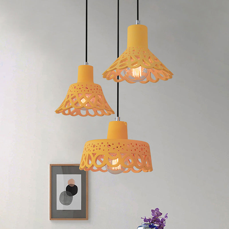 Nordic Style Etched Pendant Lighting: Concrete 1-Light Grey/White/Yellow With Geometric/Bell/Flared