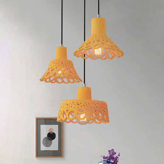 Nordic Style Etched Pendant Lighting: Concrete 1-Light Grey/White/Yellow With Geometric/Bell/Flared