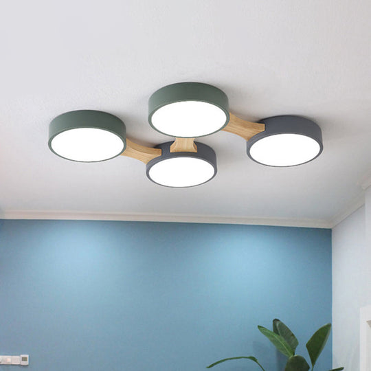 Nordic Wood And Metal Flush Ceiling Light - Round Grey Shade 3/4/5 Lights Ideal For Bedroom