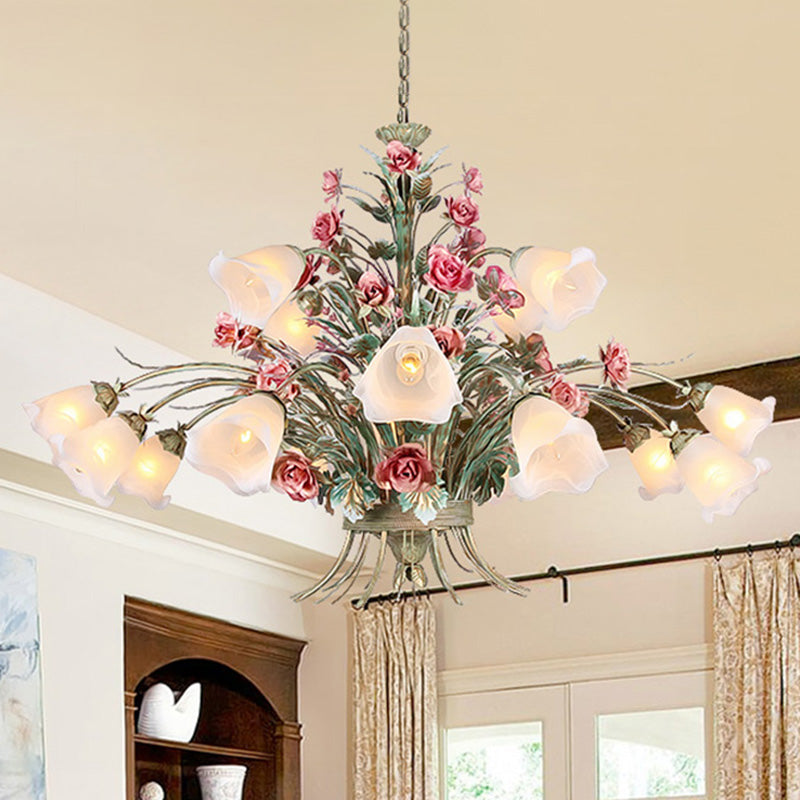 Country Style Metal Chandelier With Curving Arm - 16-Bulb Led Flower Pendant Light Green Ideal For
