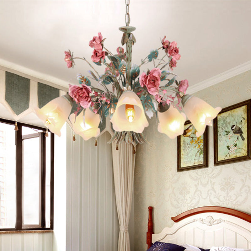 Green Metal Chandelier Light Fixture - Countryside Rose Down Lighting For Living Room (5/8 Bulbs)