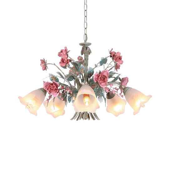 Green Metal Chandelier Light Fixture - Countryside Rose Down Lighting For Living Room (5/8 Bulbs)