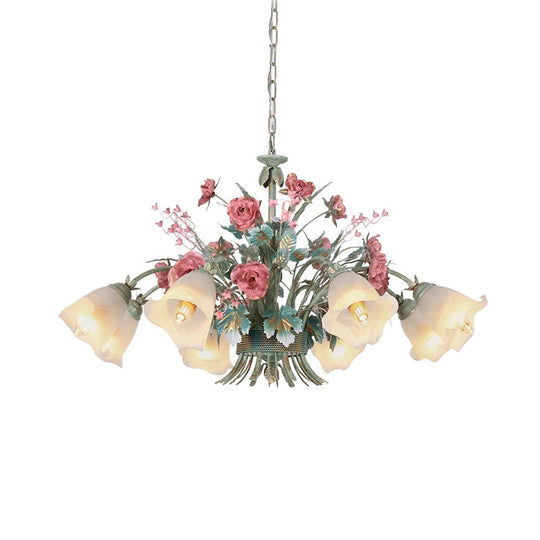 Green Metal Chandelier Light Fixture - Countryside Rose Down Lighting For Living Room (5/8 Bulbs)