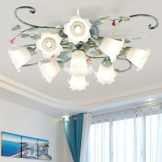 Blue Metal Floral Ceiling Fixture: Pastoral Semi Flush Mount Light With 4/5/9 Lights For Living