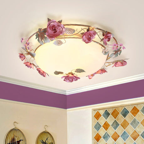 Rustic Metal Bowl Ceiling Lamp With Flower Decor - Flush Mount Light Fixture For Dining Room White