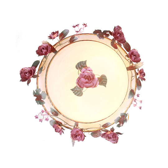 Rustic Metal Bowl Ceiling Lamp With Flower Decor - Flush Mount Light Fixture For Dining Room White