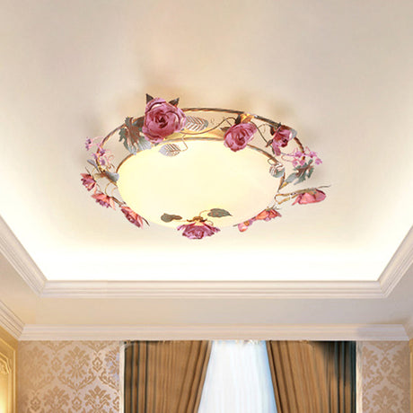Rustic Metal Bowl Ceiling Lamp With Flower Decor - Flush Mount Light Fixture For Dining Room White