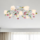 Rose Living Room Semi-Flush Mount Pastoral Ceiling Lamp - Green/White 4/6/9 Heads