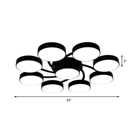 Nordic Style Ceiling Light With Black/White Drum Shade - 3/6/9 Heads Acrylic Semi Flush Mount For