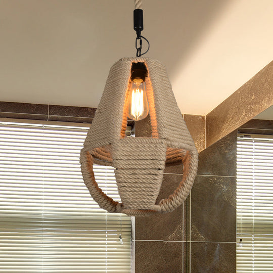 Pear Shape Pendant Light With Industrial Beige Rope - Ideal For Coffee House
