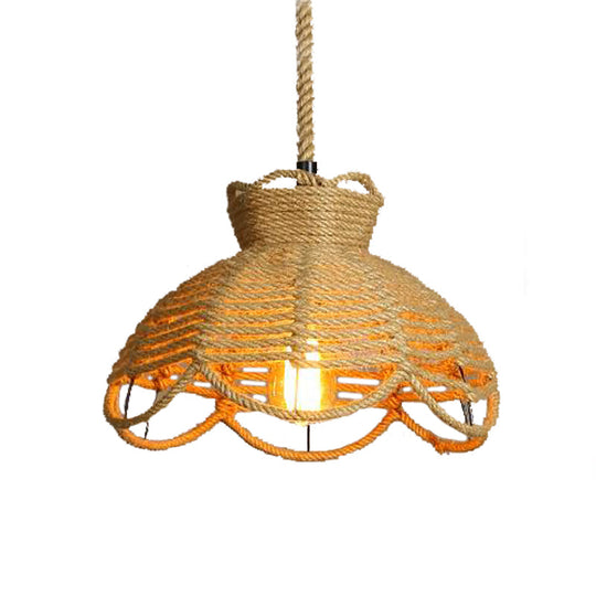 Farmhouse Rope Hanging Ceiling Lamp With Flower Basket Design - Beige