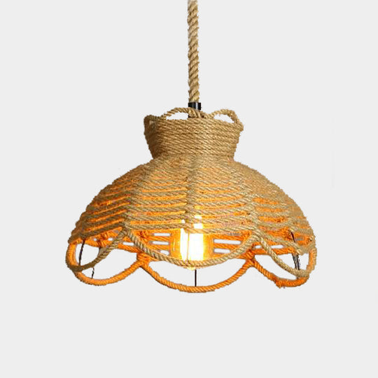 Farmhouse Rope Hanging Ceiling Lamp With Flower Basket Design - Beige