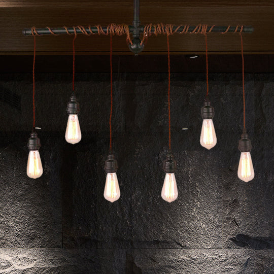 Vintage 6-Light Tubing Pendant Lamp Black Finish With Hanging Bulb - Indoor Ceiling Light Fixture
