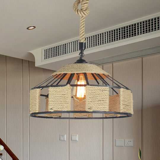 Beige Hanging Light Kit With Knots Cord - 1-Bulb Farmhouse Pendant Ceiling Lamp Rope Design