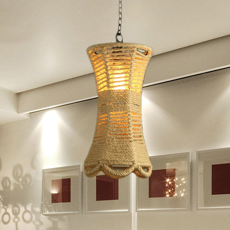 Beige Radian Pendant Lamp With Vintage Rope - Hand-Woven Hanging Light Fixture For Restaurants