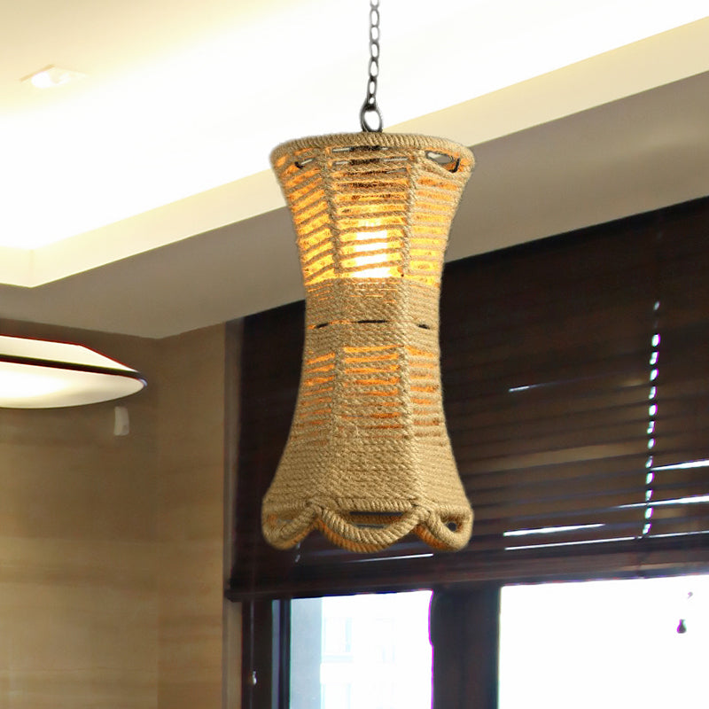 Vintage Beige Radian Pendant Lamp: Hand-Woven 1-Head Restaurant Hanging Light Fixture With Rope