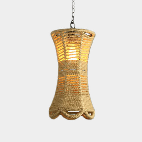 Vintage Beige Radian Pendant Lamp: Hand-Woven 1-Head Restaurant Hanging Light Fixture With Rope