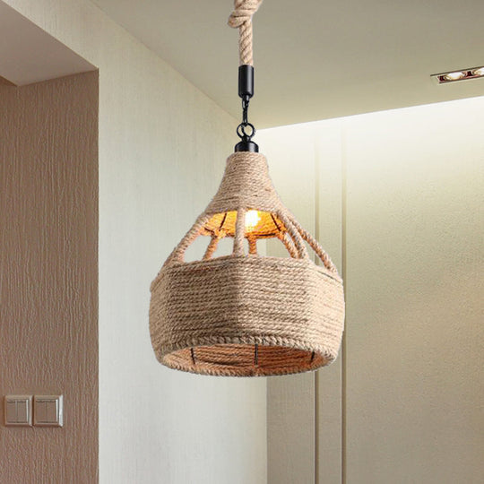 Beige Farmhouse Ceiling Light With Rope Detail - 1-Bulb Pendant Lamp For Coffee Shops 8’ Or 15’ Wide