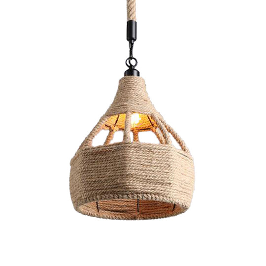 Beige Farmhouse Ceiling Light With Rope Detail - 1-Bulb Pendant Lamp For Coffee Shops 8’ Or 15’ Wide