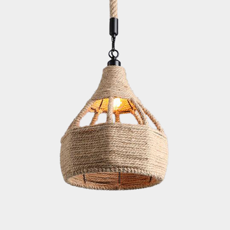 Beige Farmhouse Ceiling Light With Rope Detail - 1-Bulb Pendant Lamp For Coffee Shops 8’ Or 15’ Wide