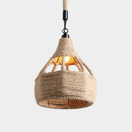Beige Farmhouse Ceiling Light With Rope Detail - 1-Bulb Pendant Lamp For Coffee Shops 8’ Or 15’ Wide