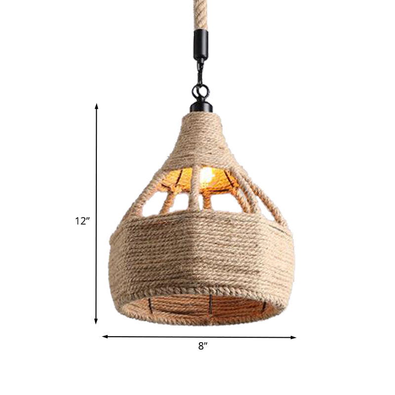Beige Farmhouse Ceiling Light With Rope Detail - 1-Bulb Pendant Lamp For Coffee Shops 8’ Or 15’ Wide