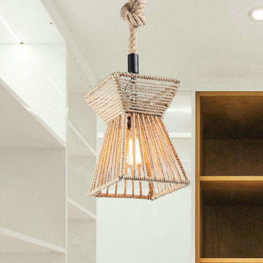 Beige Farmhouse Ceiling Light With Rope Detail - 1-Bulb Pendant Lamp For Coffee Shops 8’ Or 15’ Wide