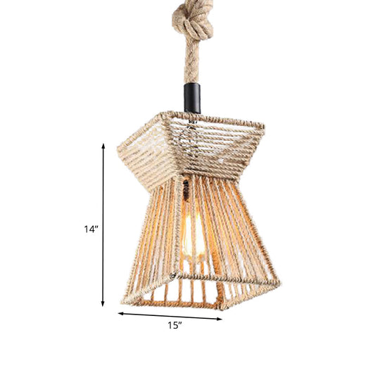 Beige Farmhouse Ceiling Light With Rope Detail - 1-Bulb Pendant Lamp For Coffee Shops 8’ Or 15’ Wide