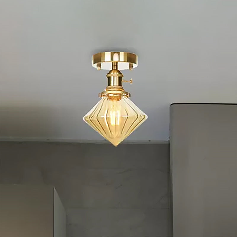 Industrially Styled Gem Shade Semi Flush Light For Living Rooms With Prismatic Glass And
