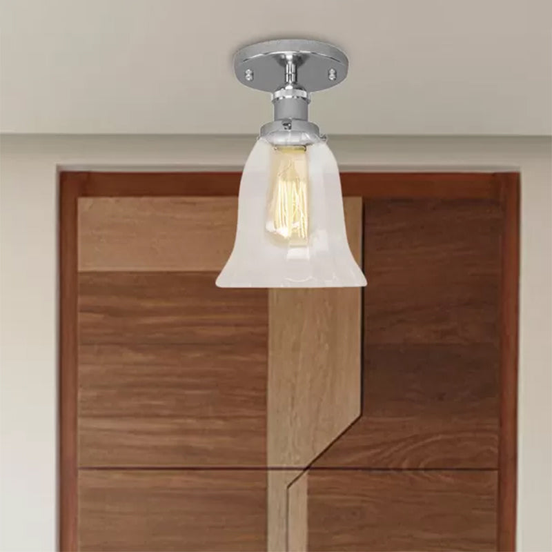 Industrial Flared Glass Semi Flush Mount Light With Clear Bulb In Black/Bronze/Copper